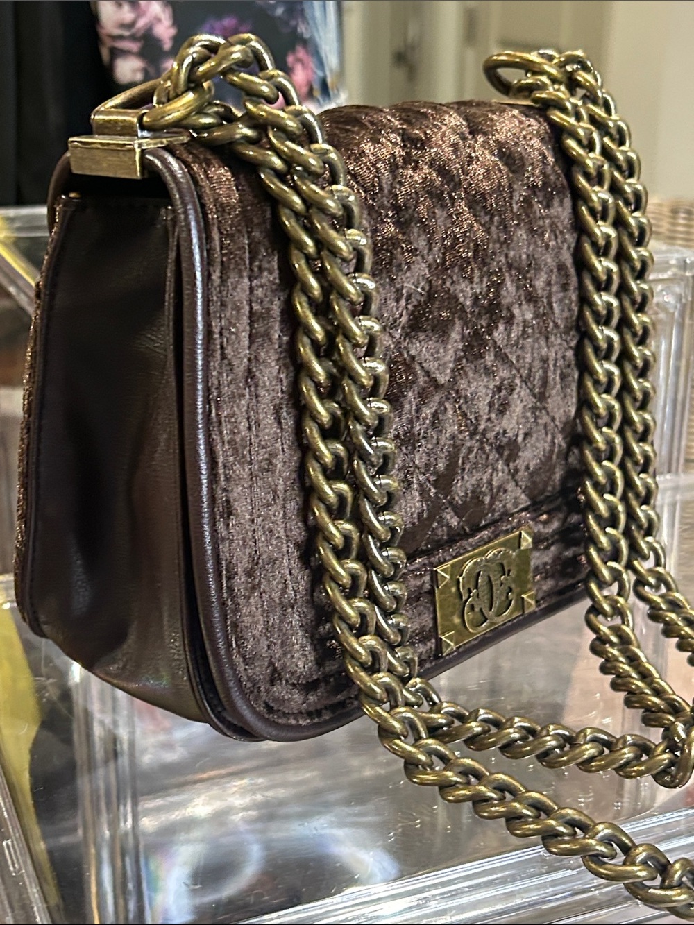 Sharif Brown Quilted Velvet Shoulder Bag with Chain Strap 8.25”x 3.25”x 6.5” New - Picture 4 of 8